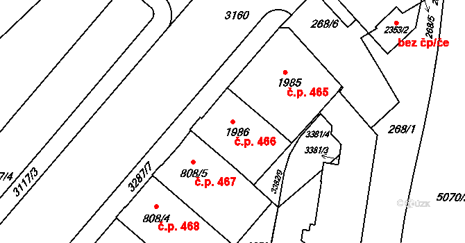 Kroměříž 466 na parcele st. 1986 v KÚ Kroměříž, Katastrální mapa