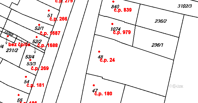 Bystřice pod Hostýnem 24 na parcele st. 48 v KÚ Bystřice pod Hostýnem, Katastrální mapa