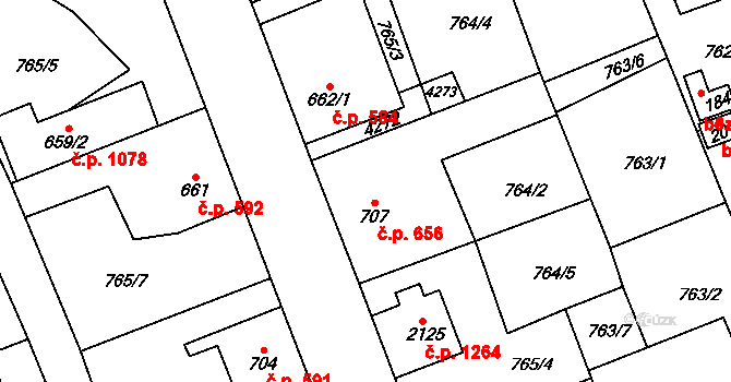 Dobřany 656 na parcele st. 707 v KÚ Dobřany, Katastrální mapa
