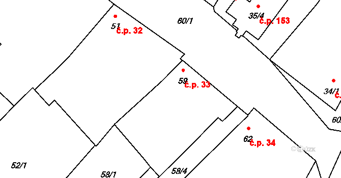 Těšetice 33 na parcele st. 59 v KÚ Těšetice u Znojma, Katastrální mapa