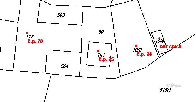 Chvalovice 95, Kovanice na parcele st. 141 v KÚ Chvalovice u Nymburka, Katastrální mapa