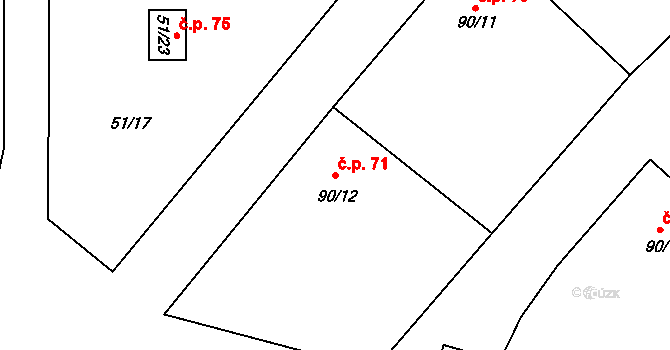Lišnice 71 na parcele st. 90/12 v KÚ Lišnice, Katastrální mapa
