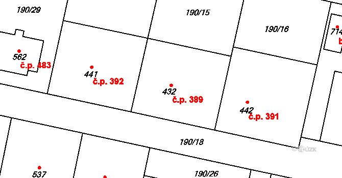 Rožďalovice 389 na parcele st. 432 v KÚ Rožďalovice, Katastrální mapa