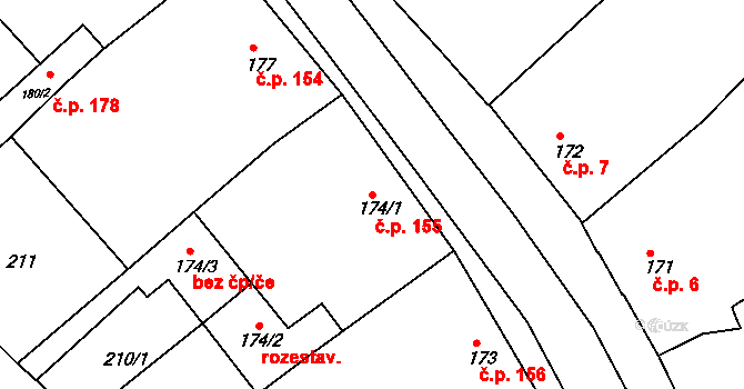 Tišnov 155 na parcele st. 174/1 v KÚ Tišnov, Katastrální mapa