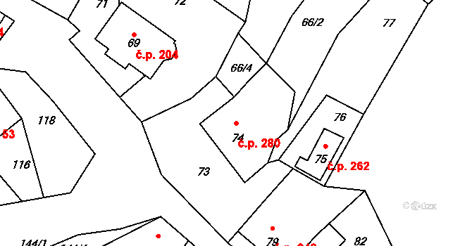Stonařov 280 na parcele st. 74 v KÚ Stonařov, Katastrální mapa