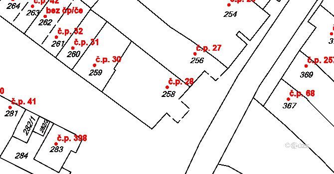 Šaratice 28 na parcele st. 258 v KÚ Šaratice, Katastrální mapa