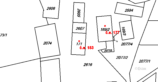 Horní Lomná 153 na parcele st. 171 v KÚ Horní Lomná, Katastrální mapa