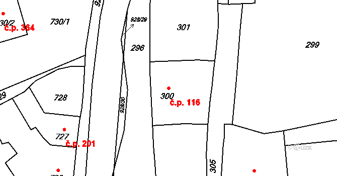 Drahlov 116, Charváty na parcele st. 300 v KÚ Charváty, Katastrální mapa