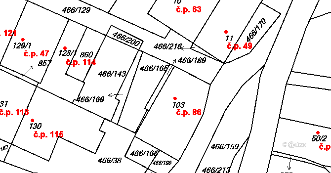 Broumy 86 na parcele st. 103 v KÚ Broumy, Katastrální mapa