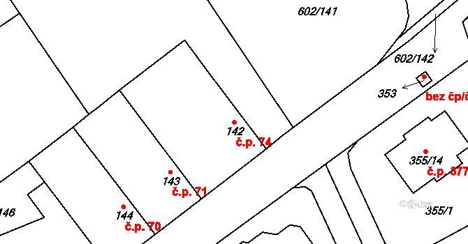 Třebestovice 74 na parcele st. 142 v KÚ Třebestovice, Katastrální mapa