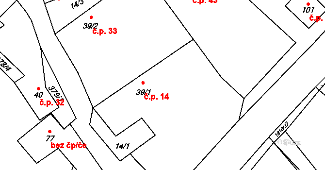 Pocoucov 14, Třebíč na parcele st. 39/1 v KÚ Pocoucov, Katastrální mapa