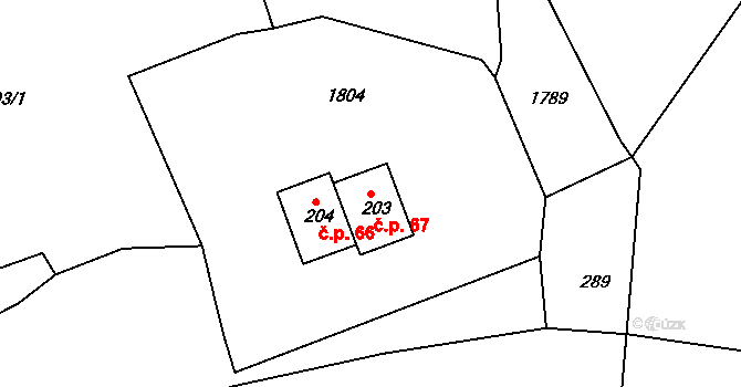 Žár 67 na parcele st. 203 v KÚ Žár u Nových Hradů, Katastrální mapa