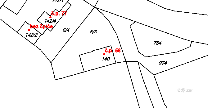 Velvěty 58, Rtyně nad Bílinou na parcele st. 140 v KÚ Velvěty, Katastrální mapa