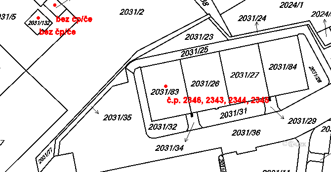 Horní Počernice 2343,2344,2345,2346, Praha na parcele st. 2031/83 v KÚ Horní Počernice, Katastrální mapa