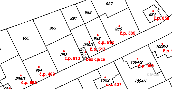 Radotín 513, Praha na parcele st. 990/1 v KÚ Radotín, Katastrální mapa