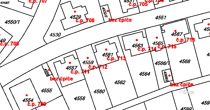 Záběhlice 713, Praha na parcele st. 4561 v KÚ Záběhlice, Katastrální mapa