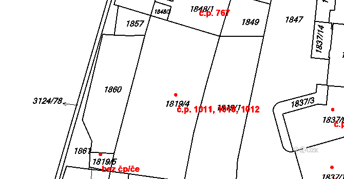 Braník 1011, Praha na parcele st. 1819/4 v KÚ Braník, Katastrální mapa