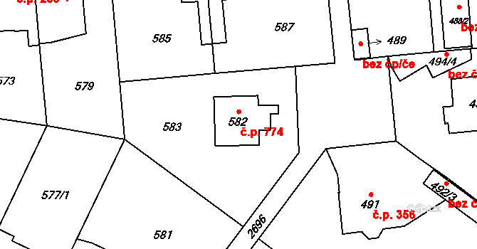 Kyje 774, Praha na parcele st. 582 v KÚ Kyje, Katastrální mapa