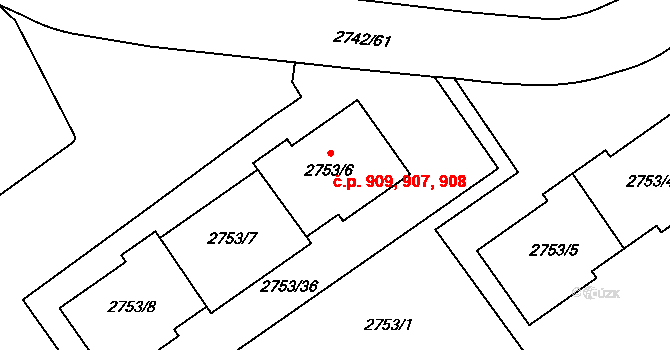 Hostivař 907,908,909, Praha na parcele st. 2753/6 v KÚ Hostivař, Katastrální mapa