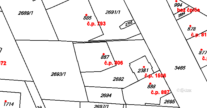 Rosice 806 na parcele st. 887 v KÚ Rosice u Brna, Katastrální mapa