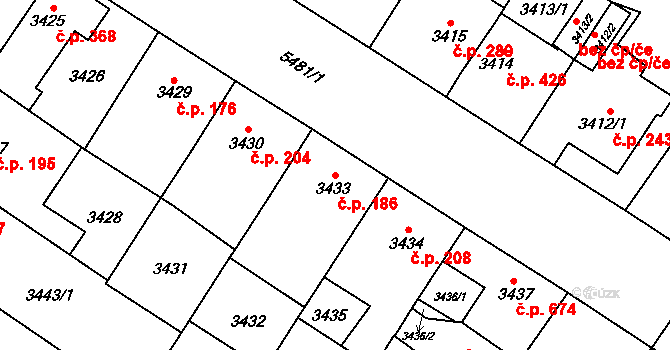 Lobzy 186, Plzeň na parcele st. 3433 v KÚ Plzeň, Katastrální mapa