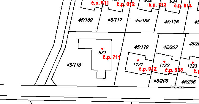 Hovorčovice 711 na parcele st. 881 v KÚ Hovorčovice, Katastrální mapa