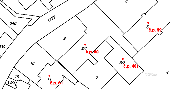 Kozmice 60 na parcele st. 8/1 v KÚ Kozmice, Katastrální mapa