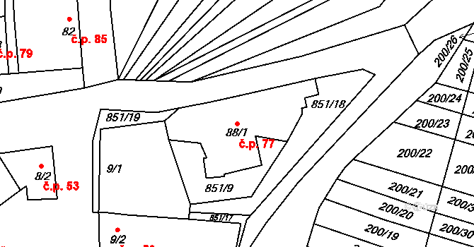 Tučapy 77 na parcele st. 88/1 v KÚ Tučapy, Katastrální mapa