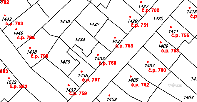 Třešť 755 na parcele st. 1433 v KÚ Třešť, Katastrální mapa