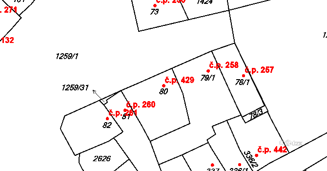 Přeštice 429 na parcele st. 80 v KÚ Přeštice, Katastrální mapa