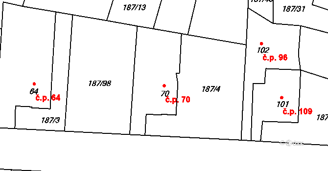 Černá za Bory 70, Pardubice na parcele st. 70 v KÚ Černá za Bory, Katastrální mapa