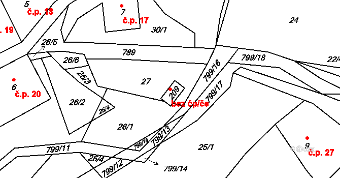 Osečnice 84001836 na parcele st. 209 v KÚ Osečnice, Katastrální mapa