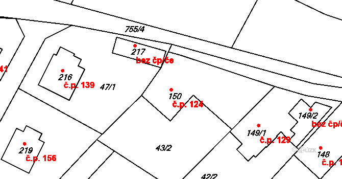 Hněvkovice 124, Humpolec na parcele st. 150/4 v KÚ Hněvkovice u Humpolce, Katastrální mapa