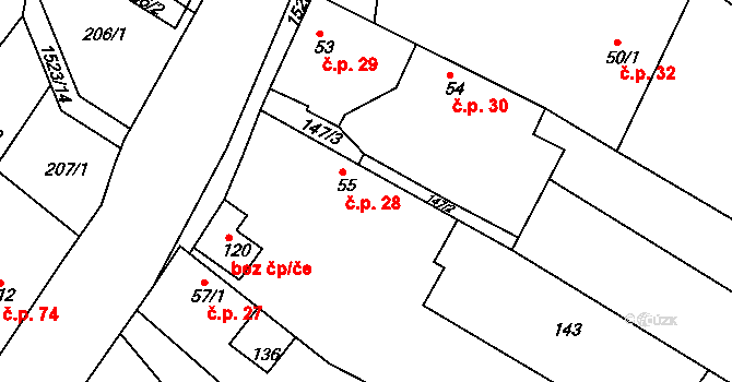 Pátek 28, Peruc na parcele st. 55 v KÚ Pátek u Loun, Katastrální mapa