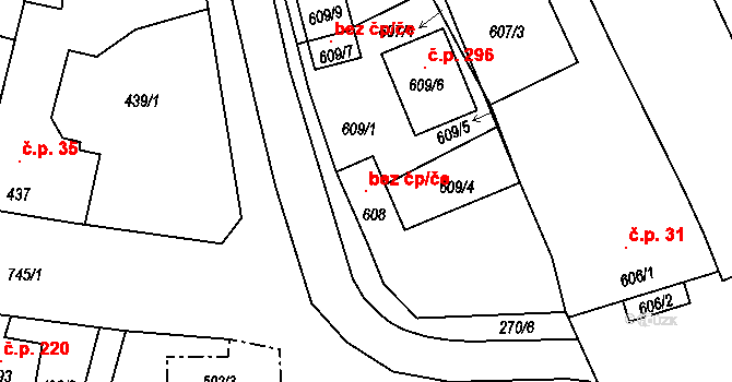 Jevišovka 121459837 na parcele st. 608 v KÚ Jevišovka, Katastrální mapa