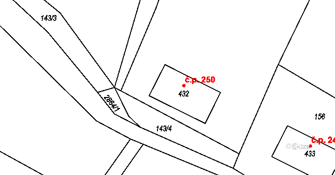 Ondřejov 250 na parcele st. 432 v KÚ Ondřejov u Prahy, Katastrální mapa
