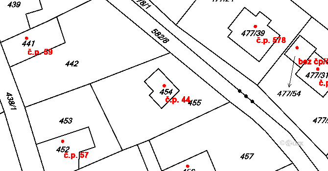 Chaloupky 44 na parcele st. 454 v KÚ Chaloupky, Katastrální mapa
