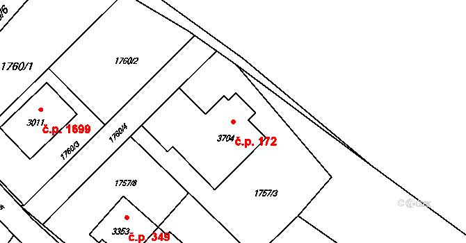Rožnov pod Radhoštěm 172 na parcele st. 3704 v KÚ Rožnov pod Radhoštěm, Katastrální mapa