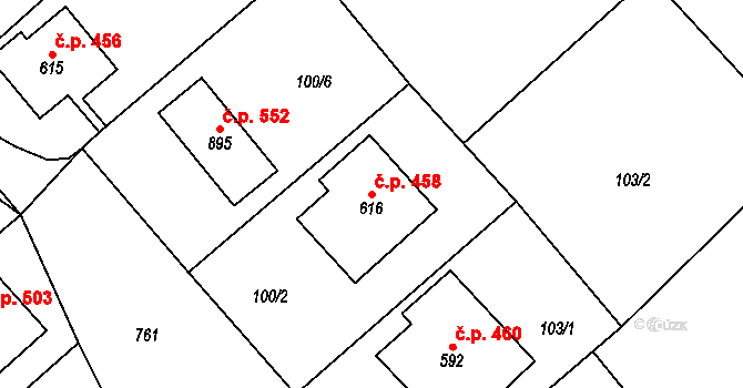 Všetaty 458 na parcele st. 616 v KÚ Všetaty, Katastrální mapa