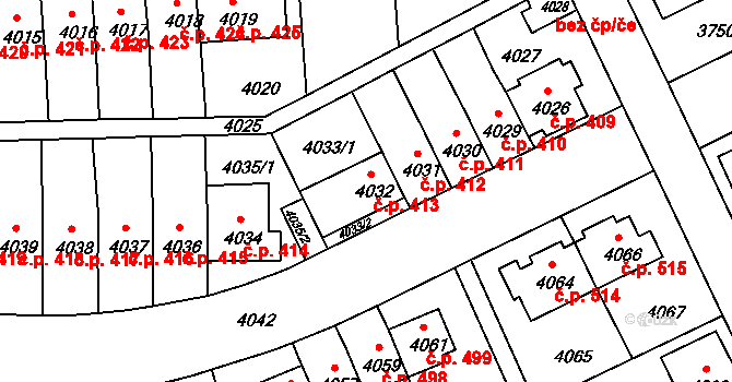 Záběhlice 413, Praha na parcele st. 4032 v KÚ Záběhlice, Katastrální mapa