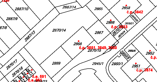 Chomutov 3849,3850,3851 na parcele st. 2868 v KÚ Chomutov I, Katastrální mapa