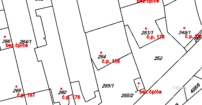 Řícmanice 136 na parcele st. 254 v KÚ Řícmanice, Katastrální mapa