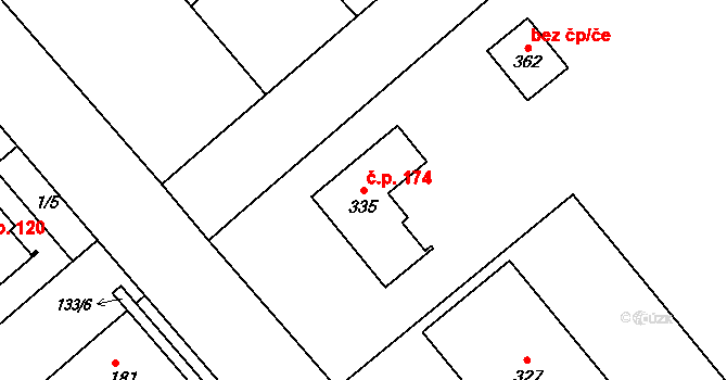 Trávník 174, Kroměříž na parcele st. 335 v KÚ Trávník, Katastrální mapa