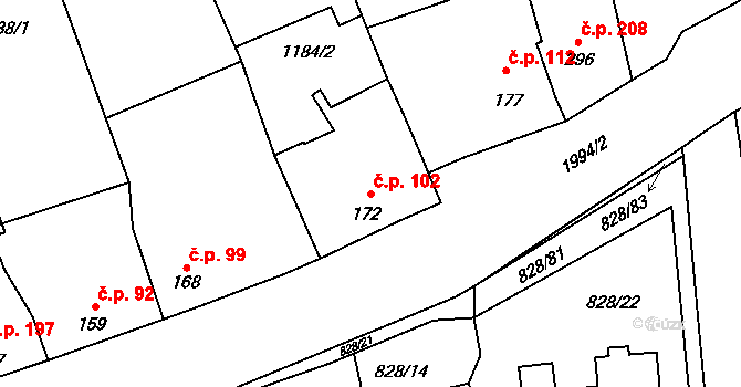 Louky 102, Zlín na parcele st. 172 v KÚ Louky nad Dřevnicí, Katastrální mapa