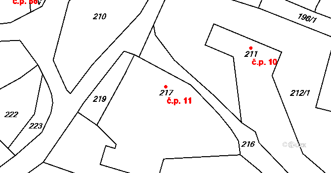 Velíková 11, Zlín na parcele st. 217 v KÚ Velíková, Katastrální mapa