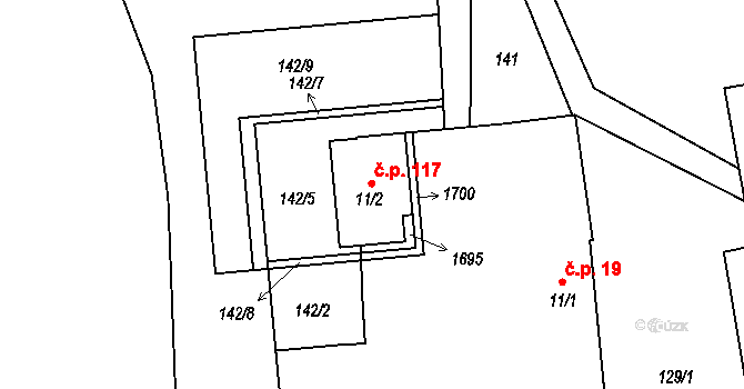 Hůrky 117, Lišov na parcele st. 11/2 v KÚ Hůrky u Lišova, Katastrální mapa