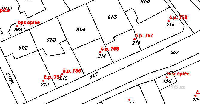 Rudná 756 na parcele st. 214 v KÚ Hořelice, Katastrální mapa