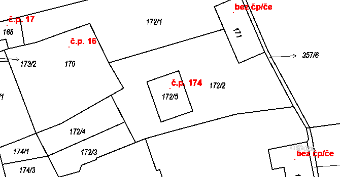 Habrůvka 174 na parcele st. 172/5 v KÚ Habrůvka, Katastrální mapa