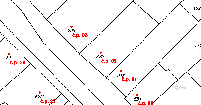 Popice 82 na parcele st. 222 v KÚ Popice, Katastrální mapa