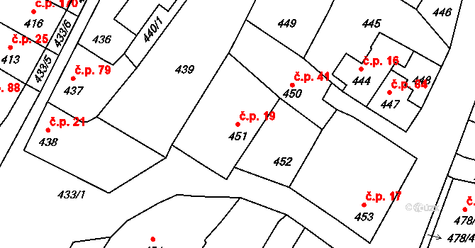 Rychlov 19, Bystřice pod Hostýnem na parcele st. 451 v KÚ Rychlov u Bystřice pod Hostýnem, Katastrální mapa